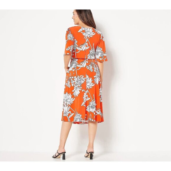 Girl With Curves TangerineFloral Tange Tall Knit Midi Dress with Flutter Sleeve - Picture 2 of 6